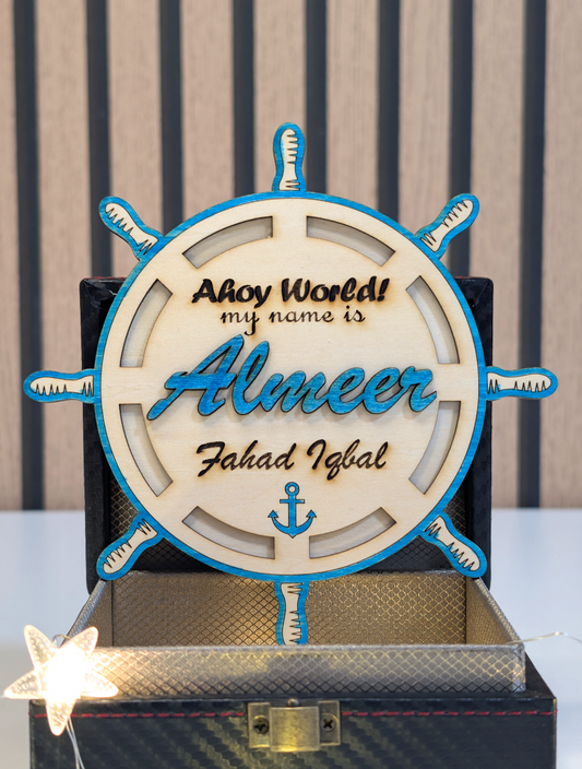 Personalised Name Hello World Baby Badge Boat wheel